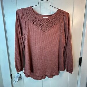Maurices Red Brown Crochet Lace Women's Large Long Sleeve Thermal Knit Sweater